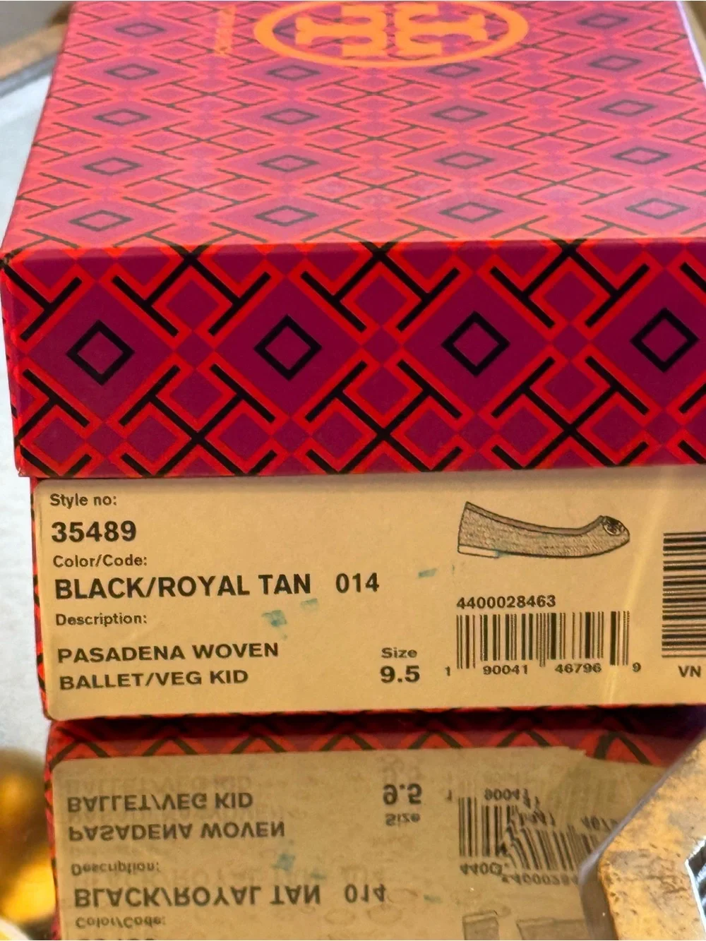 Tory Burch Tan and Black Woven Logo Ballet Flats - Size 9.5